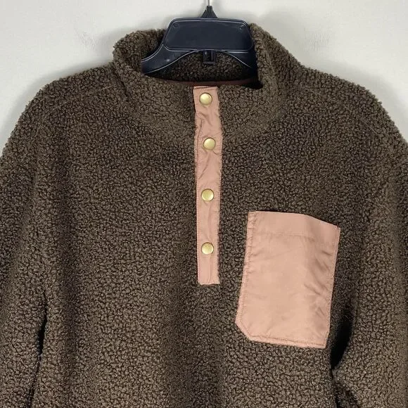 Lands End Mens XL Teddy Sherpa Fleece Snap Pullover Sweater Brown Outerwear - Picture 2 of 8